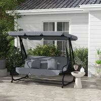 Outsunny Free Standing Swing Bench, Porch Swing with Stand, Adjustable Canopy, Cushion and Pillows, Dark Gray(m-2)