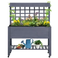 Outsunny 41" Raised Garden Bed Mobile Elevated Wooden Planter Box Stand with Wheels, Trellis and Storage Shelf, Gray(m-11)