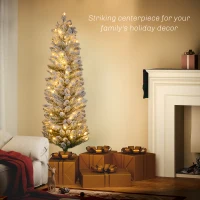 HOMCOM 5ft Artificial Prelit Christmas Tree with Warm White LED Light, Snow Flocked Branches, Metal Base, Pencil Xmas Tree(m-4)