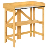 Outsunny Outdoor Garden Potting Bench Table Foldable Work Bench w/ Open Shelf Metal Tabletop Natural Wood Frame 33.5"x17.25"x35" Yellow(m-2)