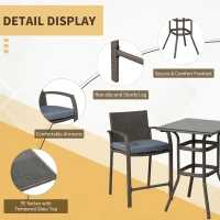 Outsunny 3 Pieces Patio Bar Set Wicker Garden Bistro Set Outdoor Furniture PE Rattan Table and Stools with Seat Cushion, Grey(m-5)