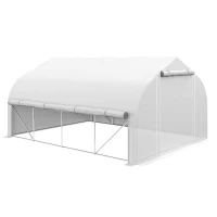 Outsunny 13 x 9.8ft Walk-in Polytunnel Greenhouse, Zipped Roll Up Sidewalls, Mesh Door, 8 Mesh Windows, Tunnel Warm House Tent with PE Cover, Plant Labels and Gloves, White(m-11)