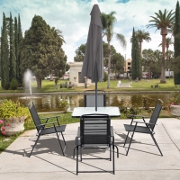 Outsunny 5 Pieces Patio Table and Chairs, Outdoor Dining Set with 4 Folding Chairs, Glass Tabletop and Parasol Hole, Black