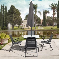 Outsunny 5 Pieces Patio Table and Chairs, Outdoor Dining Set with 4 Folding Chairs, Glass Tabletop and Parasol Hole, Black(m-1)
