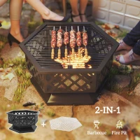 Outsunny 28" Outdoor Fire Pit with Grill Hexagon Fireplace Wood Burning Firepit with Cooking Grate, Fire Poker, Spark Screen Lid(m-4)