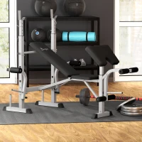Soozier Bench Press Set Adjustable Weight Bench with Squat Rack, Preacher Curl Pad, Leg Developer and Weight Storage, Grey(m-8)
