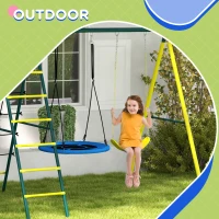 Outsunny 4 in 1 Swing Set for Kids with Saucer Swing, Seat, Climbing Ladder/Net, Basketball Hoop for 3-8 Years Old, Yellow(m-6)