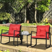 Outsunny 3 Pieces Rocking Bistro Set, Outdoor Wicker Patio Furniture with Glass Coffee Table and Outside Rocking Chairs for Porch, Conversation Sets with Thick Cushions, Red(m-8)