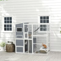 PawHut Large Wooden Catio Outdoor, Cat Enclosure w/ 4 Tier Resting Rooms, 3 Platforms, 1 Soft Ladder, 2 Ramps, 1 Hammock, Gray(m-10)