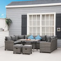 Outsunny 6 Piece Patio Furniture Set, PE Wicker Outdoor Furniture Conversation Set with 3 Sofas, 2 Ottomans and Slatted WPC Top Dining Table, All Weather Sectional Sofa Couch with Pillows, Gray(m-2)
