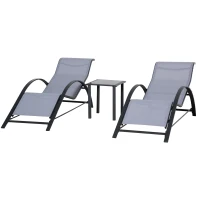 Outsunny 3 Pieces Outdoor Lounge Chair Set, 2 S-Shaped Lawn Chairs and a Glass Table for Patio, Yard, Light Grey(m-2)