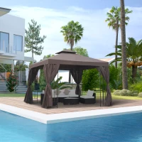 Outsunny 10' x 10' Patio Gazebo Outdoor, Canopy Shelter with Double-tier Roof, Pavilion Sidewalls for Garden Events, Brown(m-1)