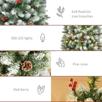 HOMCOM 6ft Pre-Lit Snow-Dipped Artificial Christmas Tree with Realistic Branches, 300 LED Lights, Pine Cones, Red Berries and 618 Tips(m-6)