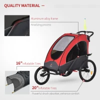 Aosom 3 In1 Baby Bike Trailer for 2 Kids, Foldable Double Jogger Stroller, 2-Seater Stroller with Shock Absorber System, Rubber Tires, Adjustable Handlebar Brake, Storage Bag, Red(m-7)
