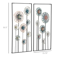 HOMCOM 3D Metal Wall Art Set of 2 Modern Flower Hanging Wall Sculpture Home Decor for Living Room Bedroom Kitchen 16"x32"x2, Blue Silver Gold(m-3)