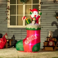 Outsunny 5ft Christmas Inflatables Outdoor Decorations Santa and Penguin Standing in Sock with Candy Cane Gift Box, Blow-Up LED Yard Christmas Decor for Lawn Garden Party(m-10)