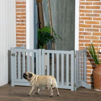 PawHut 23.5"H Foldable Dog Gate with Door, 4 Panels Freestanding Pet Gate Barriers Indoor with Support Feet, Puppy Fence for Small Dogs, Grey(m-8)