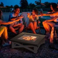 Outsunny 34" Outdoor 3 in 1 Steel Square Firepit Portable Stove with Spark Screen Cover, Log Grate, Poker, Grill Net for Patio, White & Black(m-1)