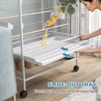 PawHut 52" Large Rolling Steel Bird Cage Bird House with Rolling Stand, Storage Shelf, Wood Perch, Food Container, Grey(m-4)