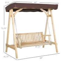 Outsunny Wooden Porch Swing Bench, 2-Seater Outdoor Swing Glider with Adjustable Canopy, Adjustable Hanging Chains, A-Frame, for Garden, Poolside, Backyard, Brown(m-3)