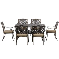 Outsunny 7 Pieces Patio Dining Set with Umbrella Hole, Cast Aluminum Outdoor Patio Furniture Set with 6 Cushioned Chairs and Rectangle Dining Table, for Garden, Lawn, Deck, Khaki(m-11)