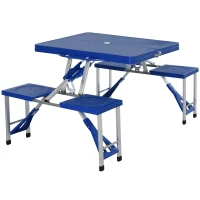 Outsunny Fold Up Picnic Table Portable Camping Table Foldable Travel Patio, Lawn Garden Table, with 4 Seats Chairs, Umbrella Hole, Aluminum Frame, Blue(m-11)
