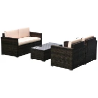 Outsunny 4 Piece Wicker Patio Furniture Set with Cushions, Outdoor Sectional Furniture with 2 Sofa, Loveseat, and Glass Top Coffee Table, Conversation Sofa Sets for Garden, Beige(m-11)