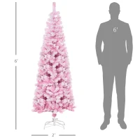 HOMCOM 6ft Tall Unlit Snow Flocked Artificial Christmas Tree Slim Pencil Xmas Tree with Pine Shape and Realistic Branches, Pink(m-3)