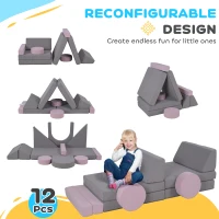Qaba 12-Piece Modular Kids Play Couch Building Fort for Playroom Bedroom, Convertible Kids Sofa, Grey(m-4)