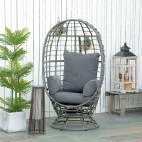 Outsunny Wicker Egg Chair, 360 Rotating Indoor Outdoor Boho Basket Seat with Cushion and Pillows for Backyard, Porch, Patio, Garden, Handwoven All-Weather PE Rattan, Steel Frame, Gray(m-10)