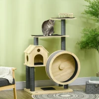 PawHut 56" Cat Tree Activity Condo Luxury Pine Wood  with Hamster-Wheel, Sisal Scratching Posts, Elevated Perches, & Roomy Interior(m-10)