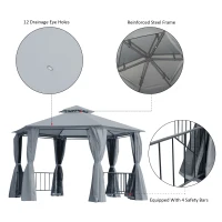 Outsunny 13ft Hexagon Gazebo Outdoor Canopy Shelter with Netting and Shaded Curtains Grey(m-5)
