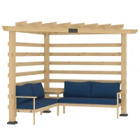 Outsunny 9' x 9' Corner Pergola with Conversation Set and Cushions, Fir Wood Outdoor Pergola with End Table, Natural and Blue(m-11)