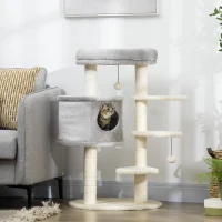 PawHut 37" Cat Tree for Indoor Cats, Cat Tower, Kitty Activity Center with Cat Bed Condo Hanging Ball Toys Sisal Rope Scratching Post, Light Grey(m-8)