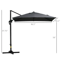 Outsunny 8FT Cantilever Patio Umbrella, Square Outdoor Offset Umbrella with 360° Rotation, Aluminum Hanging Umbrella with 3-Position Tilt, Crank & Cross Base for Garden, Dark Gray(m-3)