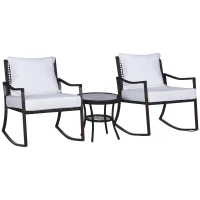 Outsunny 3 Piece Patio Rocking Bistro Set, Outdoor PE Rattan Wicker Rocking Chairs with Cushioned, Pillows, Two-Tier Glass Storage Shelf Coffee Table, Cream White(m-11)