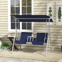 Outsunny 2-Seater Outdoor Porch Swing with Canopy and Table, Patio Swing Chair for Garden, Poolside, Backyard, Dark Blue(m-2)