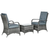 Outsunny 3 Piece Outdoor PE Rattan Patio Furniture Set Bistro Set w/ Cover, Tempered Glass Tabletop for Balcony, Pool, Grey(m-2)
