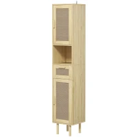 HOMCOM Tall Bathroom Cabinet with Rattan Doors, Freestanding Bathroom Storage Cabinet with Adjustable Shelves, Distressed Oak(m-1)