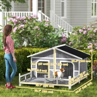 PawHut 59"x64"x39" Wood Dog House Outdoor Cabin-Style Elevated Pet Shelter with Porch Deck, Grey(m-3)
