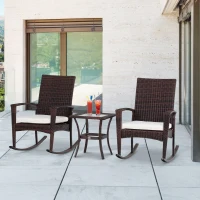 Outsunny 3 Pieces Patio Wicker Rocking Chair Set,  Outdoor PE Rattan Bistro Set Conversation Rocker Set with 2 Chairs 1 Coffee Table for Backyard, Deck, Poolside, Cream White(m-1)