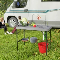 Outsunny Folding Fish Cleaning Table with Sink, Portable Camping Table with Faucet, Drainage Hose, Sprayer and Shelf, Gray(m-10)