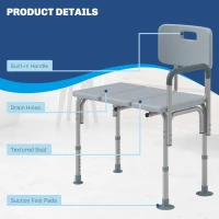 HOMCOM 6-Level Adjustable Bath and Shower Transfer Bench Aluminum Chair with Non-Slip Feet, Armrest & Backrest Grey(m-4)