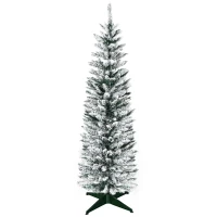 HOMCOM 5' Snow Flocked Artificial Pencil Christmas Tree, Slim Xmas Tree with Realistic Branches and Plastic Base Stand for Indoor Decoration, Green(m-11)