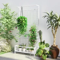 Outsunny Metal Tall Plant Stand with Trellis and Hanging Bar, Plant Holder for Indoor Outdoor Use, 35" x 12.8" x 74", White(m-2)
