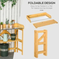 Outsunny Outdoor Garden Potting Bench Table Foldable Work Bench w/ Open Shelf Metal Tabletop Natural Wood Frame 33.5"x17.25"x35" Yellow(m-6)