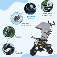 Qaba 6 in 1 Toddler Tricycle Stroller with Basket, Canopy, 5-point Safety Harness, for 12-60 Months, Grey(m-6)