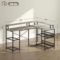 HOMCOM 59" L Shaped Desk with Storage, Corner Desk with LED Lights and Power Outlets for Home Office, Small Space, Gray(m-3)