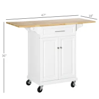 HOMCOM Kitchen Island with Drop Leaf Trolley Cart on Wheels Drawer Cabinet Towel Racks Versatile Use Natural Wood Top and White(m-3)