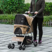 PawHut Pet Stroller Foldable Carrier for Cat, Dog and More 4 Wheels Travel Jogger with Cup Holder, Storage Basket, 360 ° swiveling front wheels, Easy Fold, Coffee(m-8)